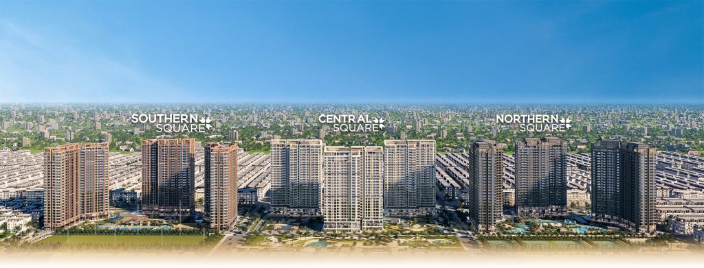 Phối cảnh tổng thể dự án Lumiere Orient Pearl với ba phân khu chính: Southern Square, Central Square, và Northern Square. Hình ảnh thể hiện các tòa tháp cao tầng sang trọng, được bao quanh bởi khuôn viên xanh và tiện ích hiện đại, tạo nên một khu đô thị đồng bộ và đẳng cấp