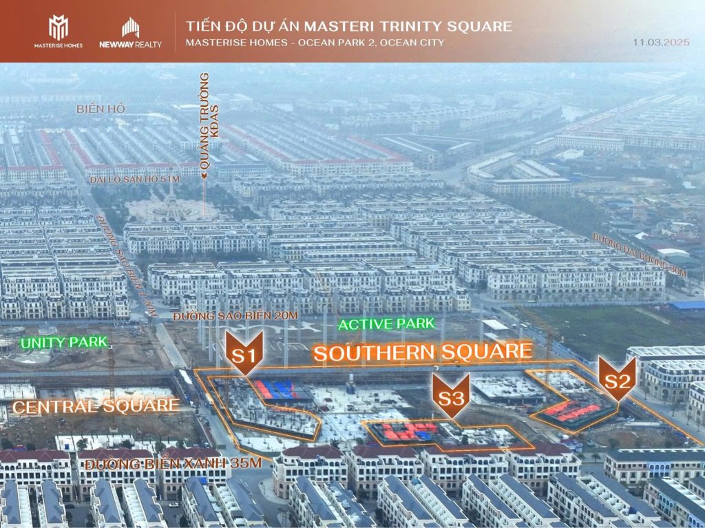 Toàn cảnh khu vực Southern Square trong dự án Lumiere Orient Pearl tại Ocean Park 2. Các tòa nhà thuộc phân khu S1, S2, S3 đang trong giai đoạn thi công với cần cẩu và công trình xây dựng. Xung quanh là hệ thống đường giao thông và khu tiện ích Active Park, giúp hình thành một khu đô thị sầm uất