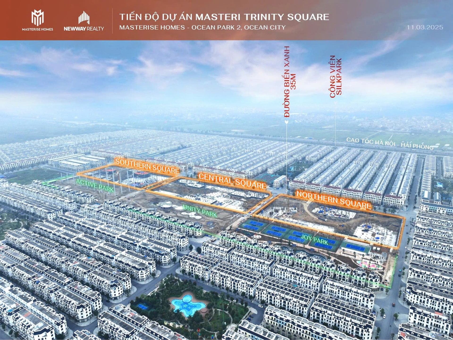 Nhìn từ trên cao, dự án Lumiere Orient Pearl đang ngày càng hoàn thiện với các phân khu chính Southern Square, Central Square, Northern Square và hệ thống công viên như Joy Park, Unity Park, Active Park